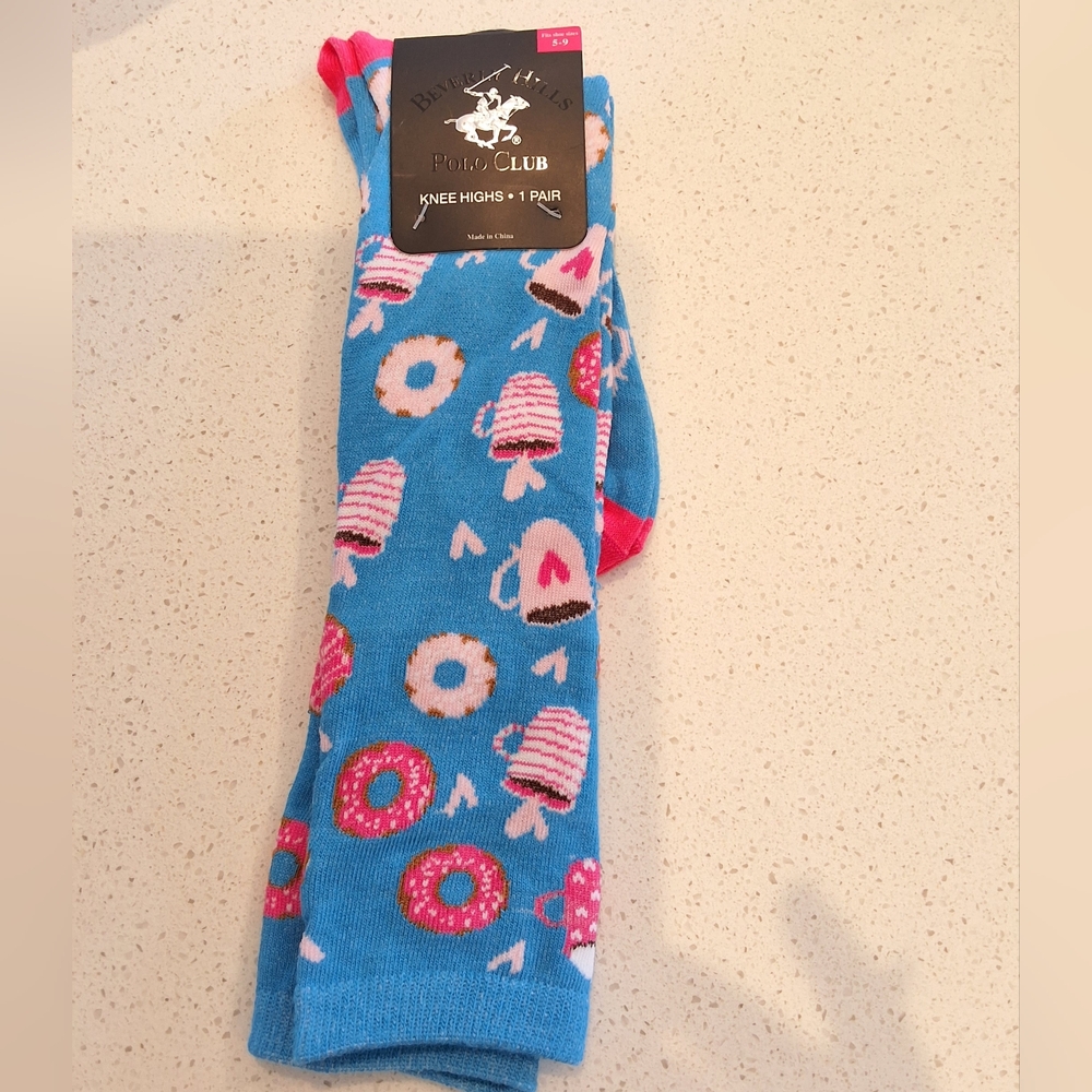 Beverly Hills Polo Club Donuts & Coffee Print Knee High Socks,Shoe Size:5-9, NWT